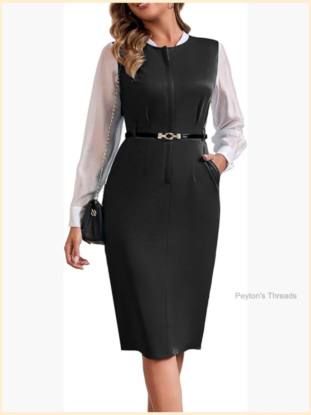 Long Sleeve Midi Bodycon Dress with Belt - Work Casual